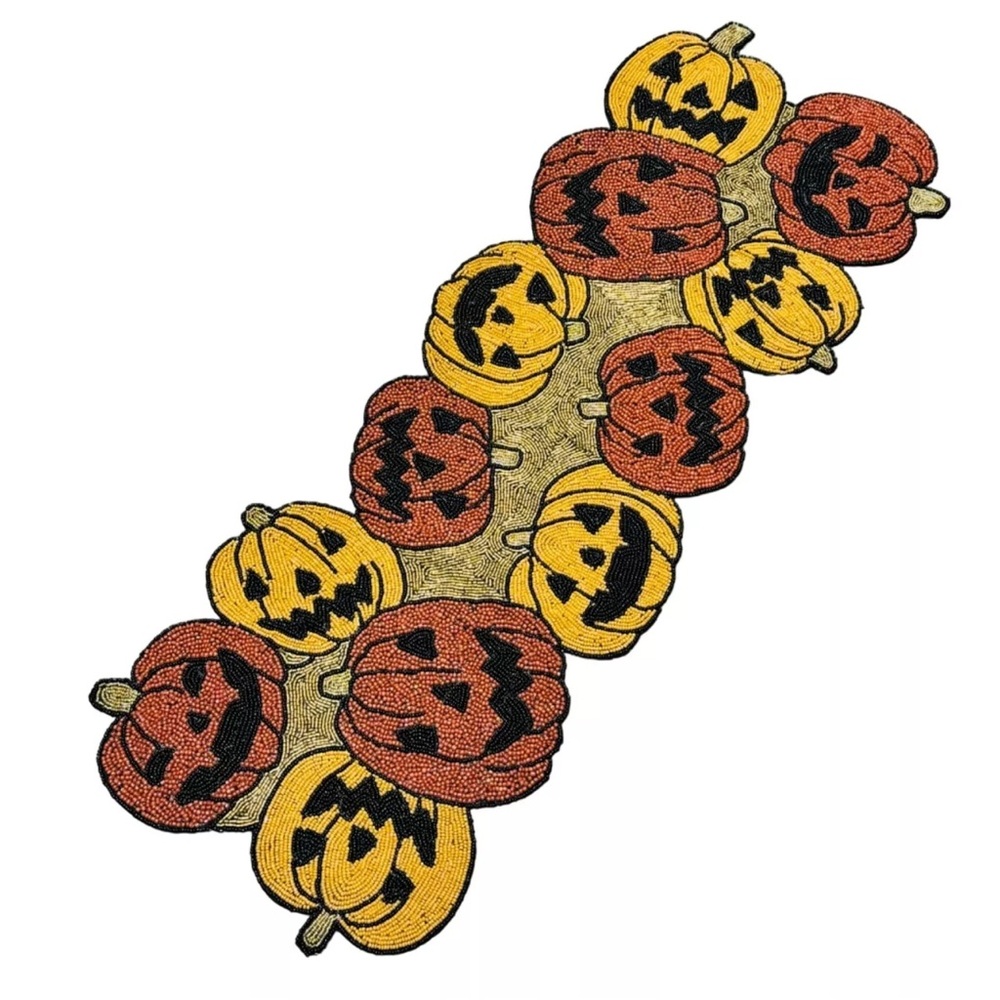 Tahari Halloween Jack-O'-Lanterns Pumpkins 36in Beaded Table Runner Centerpiece